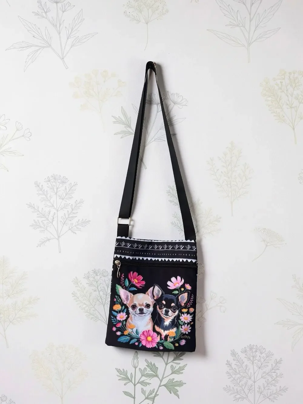 Chihuahua Crossbody Bag Black Floral Dog Purse Adjustable Strap Zipper Pocket